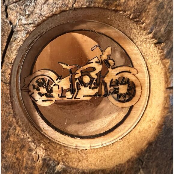 Rustic Wood Candle Holder Motorcycle Carving Biker Decor Handmade - Picture 3 of 10